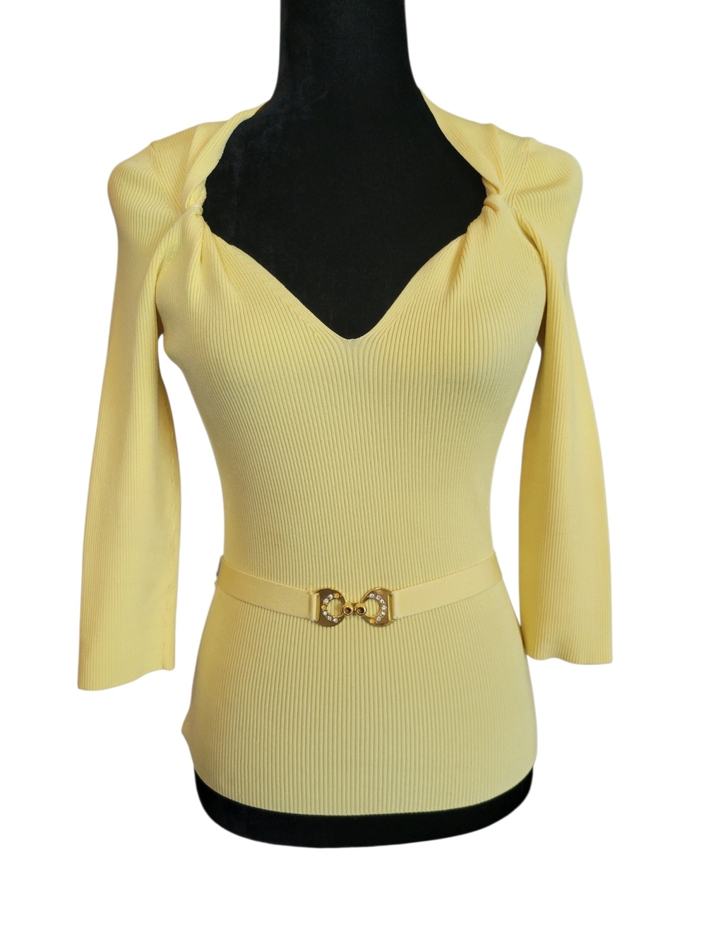 Yellow Ribbed V-Neck Long Sleeve Top with Decorative Belt Size L‎